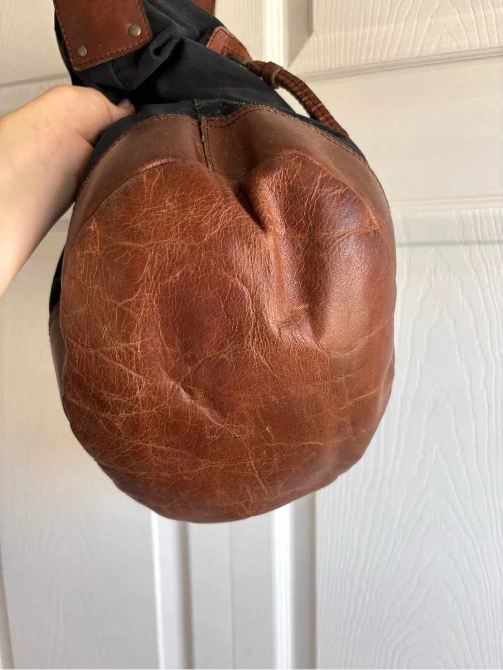 Anthropologie Black Textile Brown Leather Trim Bucket Slouchy Boho Bag Purse